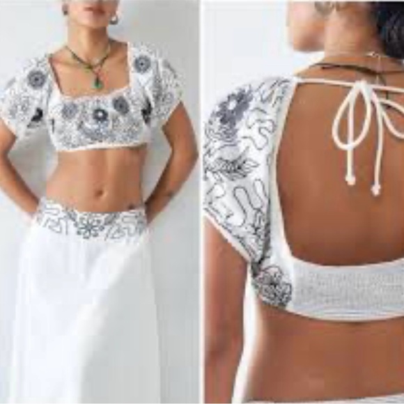 Free People Lotus Embroidered Puff Sleeve 2-Piece Maxi Dress size L White/Blk - Picture 3 of 15